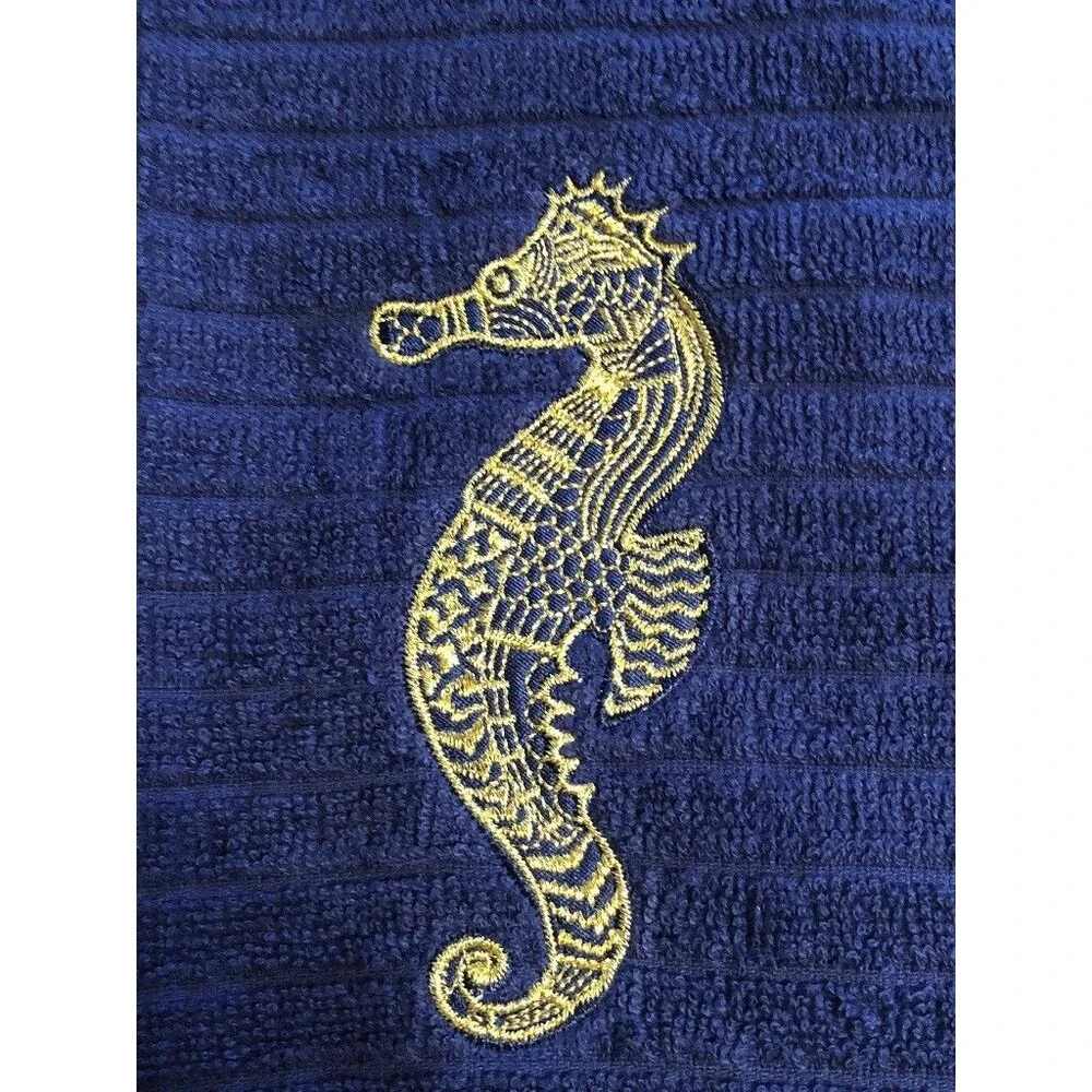 Seahorse Navy Nautical Dish Towels Gold Embroidered Beach House Set of 2